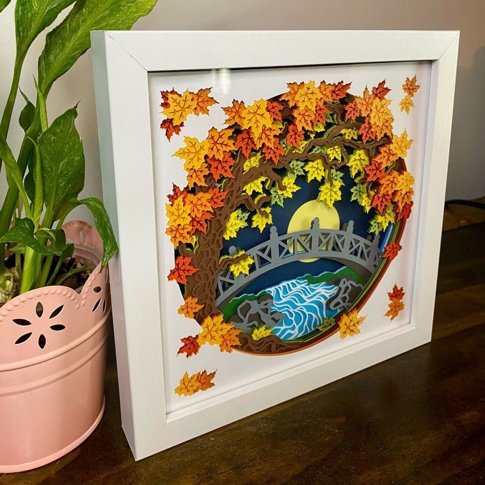 3D Autumn Fall Tree Bridge Shadowbox - Picture 2 of 8